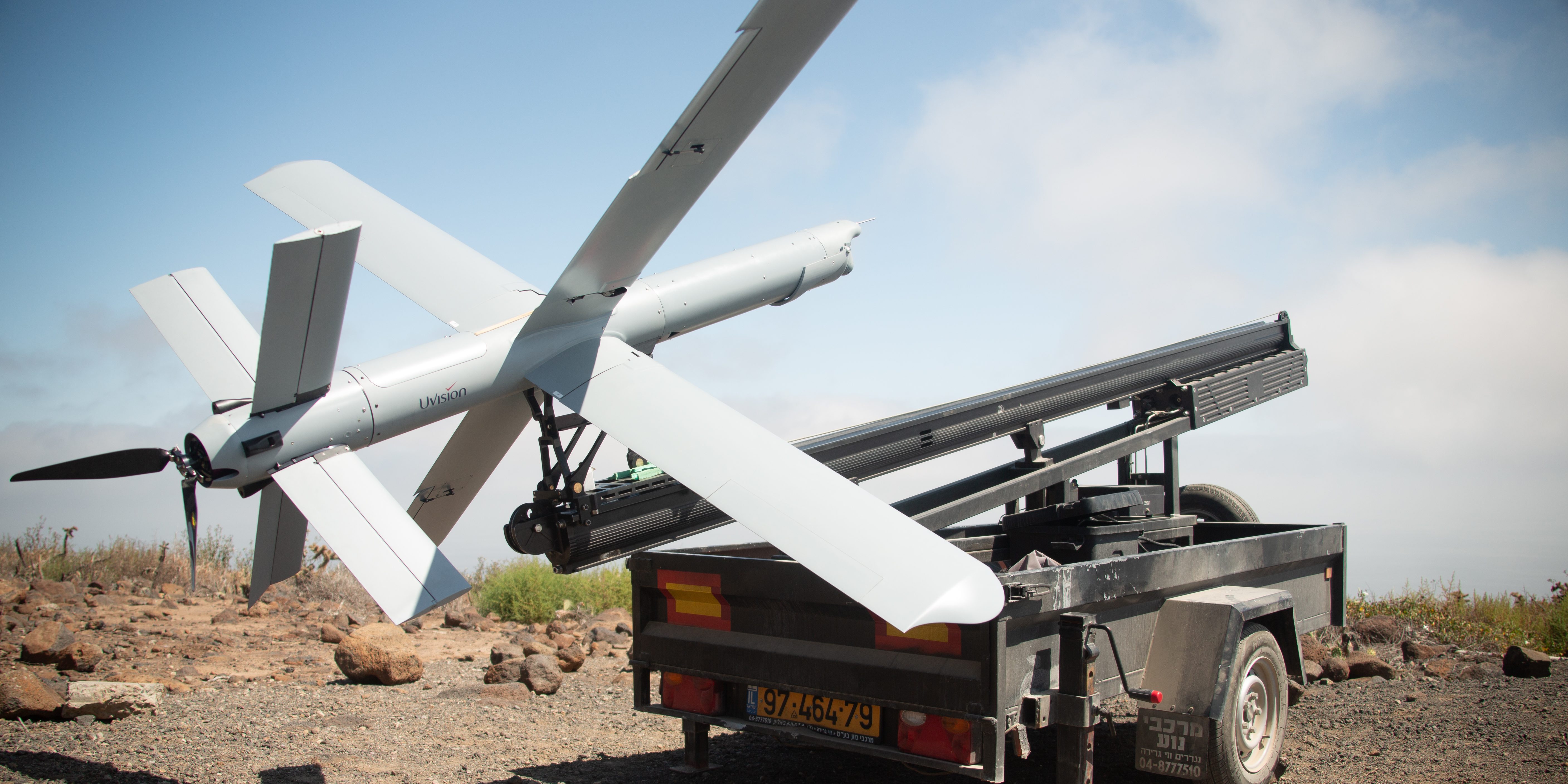 A U.S. Marine Corps Hero-400 loitering munition drone is staged before flight on San Clemente Island, California, May 25, 2022.