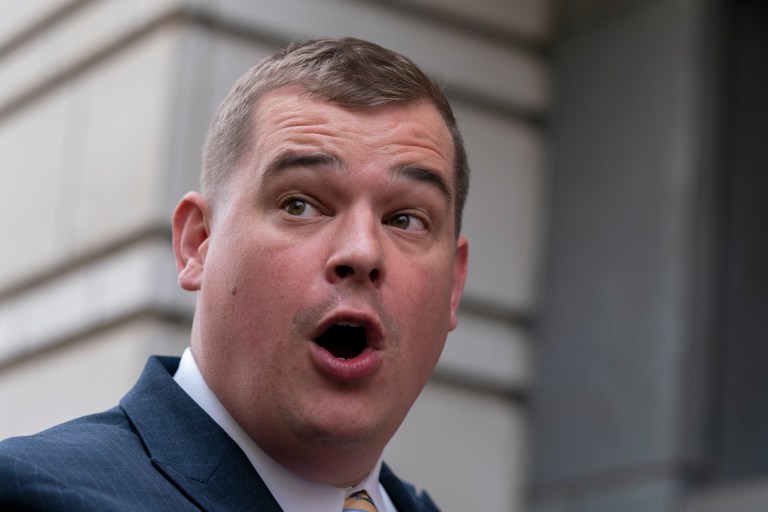 Mike Howell, director of Heritage Foundation's Oversight Project, speaks outside the federal courthouse in Washington, Tuesday, June 6, 2023.