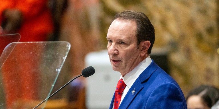 Gov. Jeff Landry speaks during the start of the special session in the House Chamber on Monday, Jan. 15, 2024, in Baton Rouge, La. Landry called for the special session only a few hours after taking office. (Michael Johnson/The Advocate via AP, Pool)