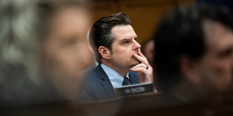 UNITED STATES - FEBRUARY 29: Rep. Matt Gaetz, R-Fla., is seen as Defense Secretary Lloyd J. Austin testifies during the House Armed Services Committee hearing about his recent hospitalization and the communication issues with President Joe Biden, in Rayburn Building on Thursday, February 29, 2024. (Tom Williams/CQ Roll Call via AP Images)