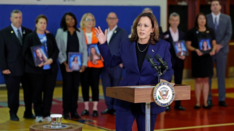 Vice President Kamala Harris speaks to the media after she and the White House Office of Gun Violence Prevention met with families whose loved ones were murdered during the 2018 mass shooting that took the lives of 14 students and three staff members at Marjory Stoneman Douglas High School in Parkland, Fla., on March 23, 2024.