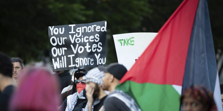 A sign urges people not to vote for President Joe Biden in the upcoming election during a protest in front of the White against the Israeli attacks on civilians in Rafah that have killed dozens of people, Washington, DC, May 28, 2024. The bombings of tent camps inside Israel's designated safe zone has sparked outrage around the world, but the Biden Administration has called only for Israel to prevent civilian casualties as much as is feasible. Roughly 1 million Palestinians are taking refuge in Rafah, at Israel's direction. (Photo by Allison Bailey/NurPhoto via AP)