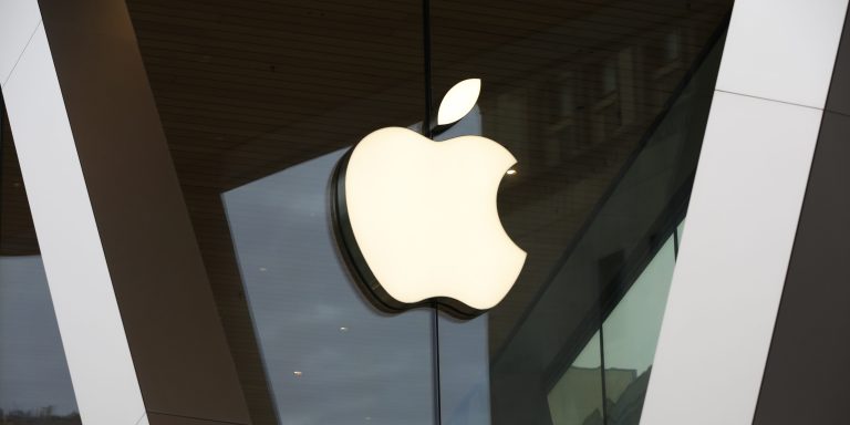 An Apple logo adorns the facade of the downtown Brooklyn Apple store on March 14, 2020, in New York.