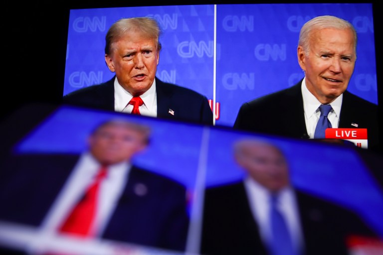 This photo taken from a screen shows the first presidential debate between President Joe Biden and former President Donald Trump in the CNN studio in Atlanta.