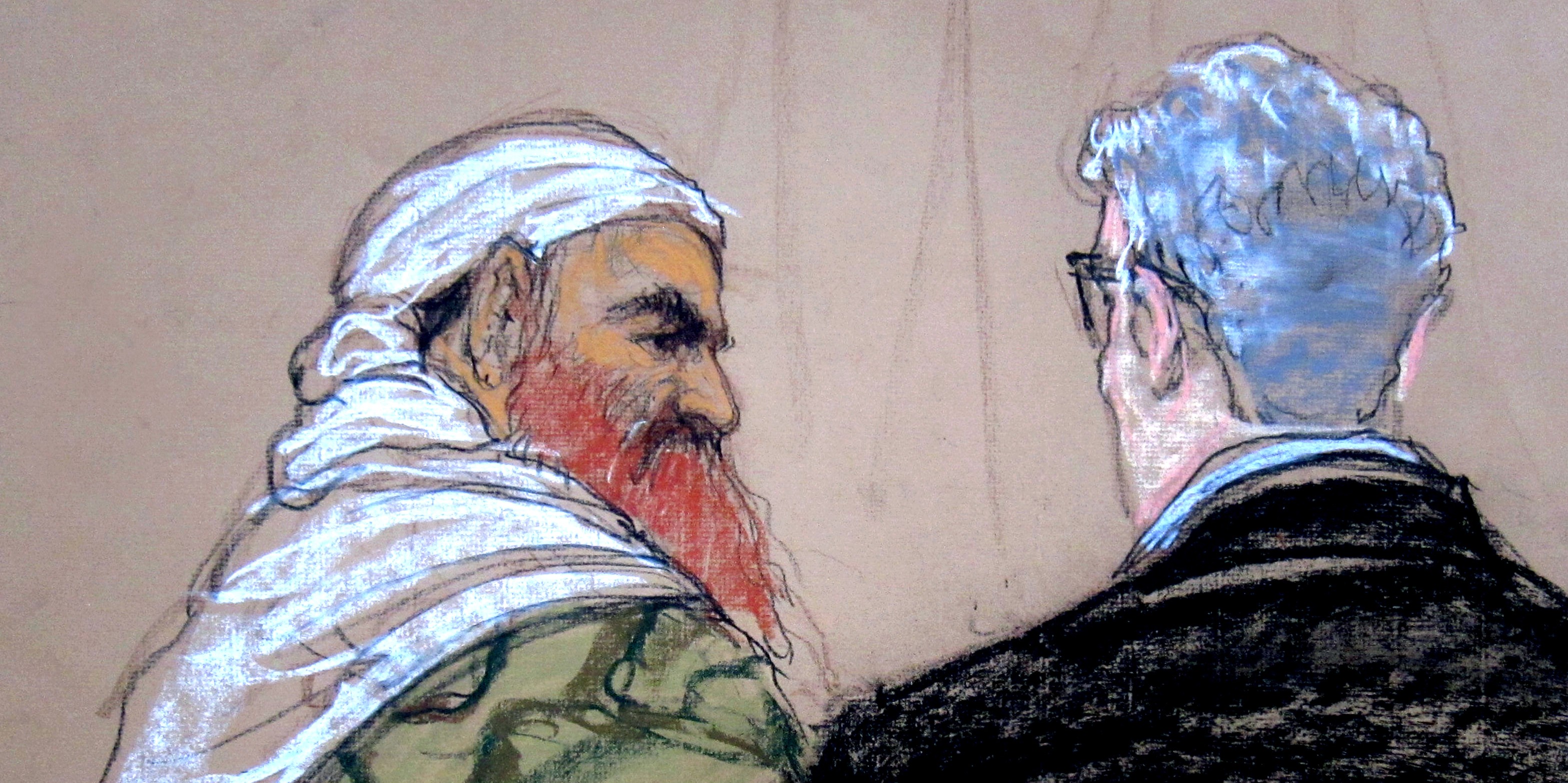 In this pool photo of a Pentagon-approved sketch by court artist Janet Hamlin, defendant Khalid Sheikh Mohammed, left, speaks with lead defense lawyer David Nevin during a pretrial hearing at the Guantanamo Bay U.S. Naval Base in Cuba, Monday, April 14, 2014. A lawyer for one of five defendants in the Sept. 11 war crimes tribunal said Monday that FBI agents questioned a member of his defense team, apparently in an investigation related to the handling of evidence, a revelation that brought an abrupt halt to proceedings. (AP Photo/Janet Hamlin, Pool)