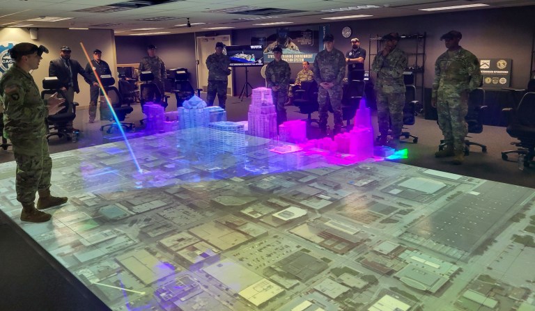 Fort Leavenworth, Kansas Army augmented reality demonstration at the National Simulation Center’s Combined Arms Center-Training Innovation Facility, 2023.