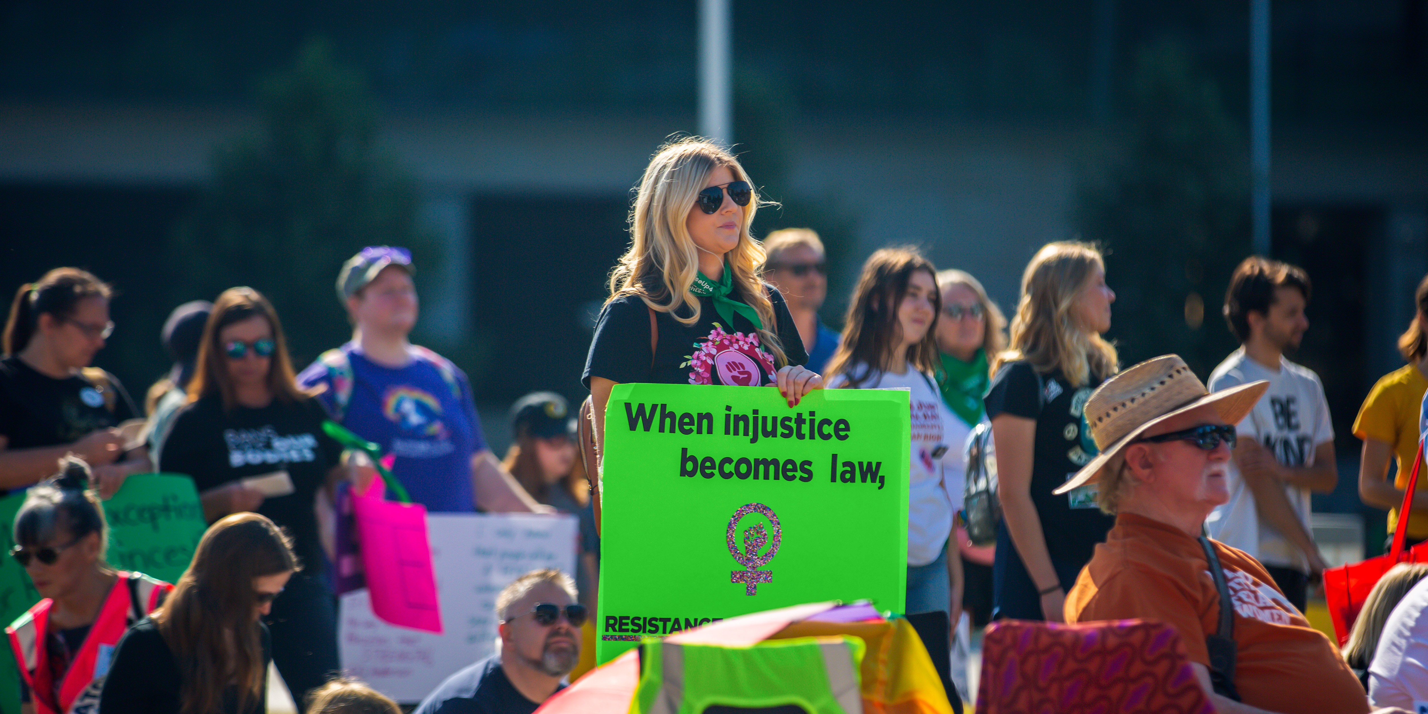 Abortion rights demonstrators listen to speakers during a Women's March in Austin, Texas, US, on Saturday, Oct. 8, 2022. On October 8th, exactly one month before Election Day, women and their allies marched across the country for a massive nationwide "Women's Wave" day of action meant to rally supporters of reproductive rights ahead of the 2022 midterms. Photographer: Montinique Monroe/Bloomberg via Getty Images