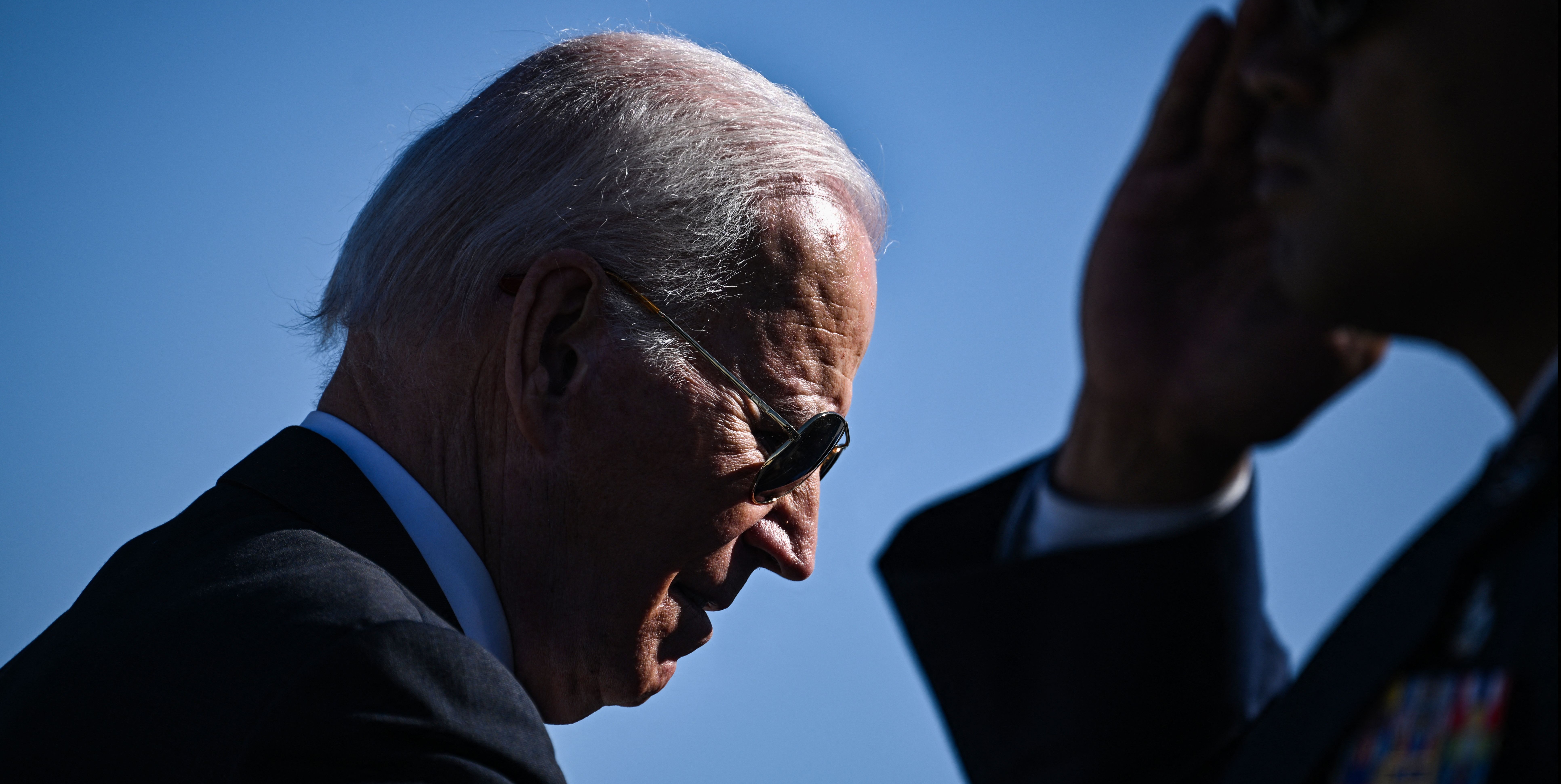 US President Joe Biden departs Atlanta Hartsfield-Jackson International Airport, in Atlanta, Georgia, on January 15, 2023. - Biden spoke at Ebenezer Baptist Church in Atlanta on the eve of the national holiday honoring civil rights leader Martin Luther King, Jr. King was co-pastor of the church from 1960 until his assassination in 1968. (Photo by Brendan SMIALOWSKI / AFP) (Photo by BRENDAN SMIALOWSKI/AFP via Getty Images)