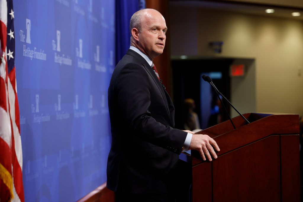 Heritage Foundation President Kevin Roberts introduces former Vice President Mike Pence during an event to promote his new book at the conservative think tank on October 19, 2022 in Washington, DC.