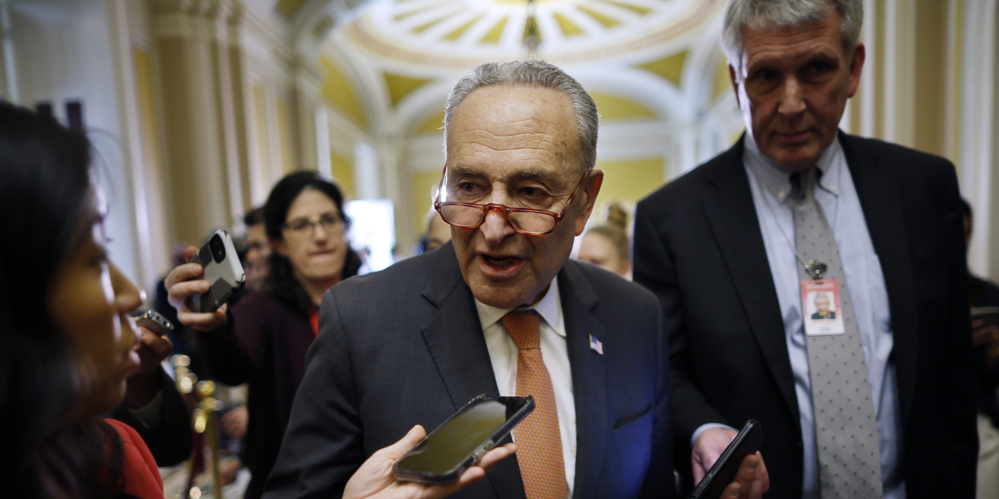 WASHINGTON, DC - FEBRUARY 28: Senate Majority Leader Charles Schumer (D-NY) talks to reporters following the weekly Senate Democratic policy luncheon at the U.S. Capitol on February 28, 2023 in Washington, DC. Schumer talked about how he and Senate Minority Leader Mitch McConnell (R-KY) lead a congressional delegation to Germany, India, Pakistan, and Israel during last week's Congressional recess. (Photo by Chip Somodevilla/Getty Images)