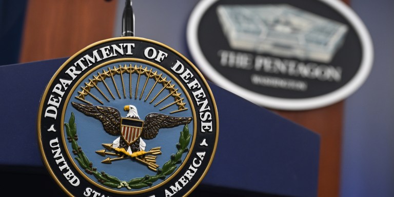 WASHINGTON DC, UNITED STATES - OCTOBER 17: Pentagon logo is seen ahead of a press conference at the Pentagon in Washington D.C., United States on October 17, 2023. (Photo by Celal Gunes/Anadolu via Getty Images)