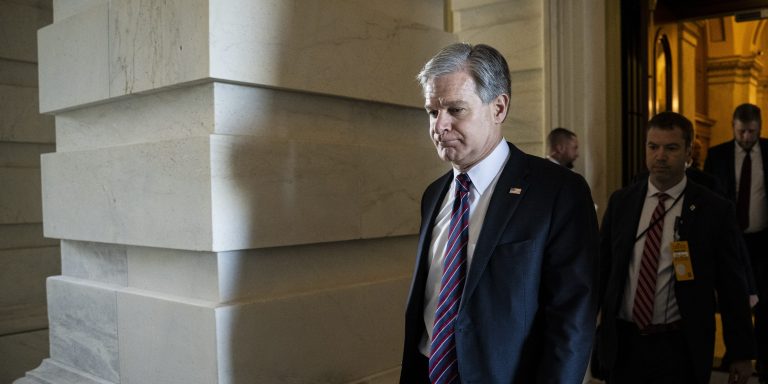 Christopher Wray, director of the Federal Bureau of Investigation (FBI), departs the US Capitol in Washington, DC, US, on Tuesday, March 12, 2024. The intelligence community's written report said armed resistance to Israel by Hamas is likely to continue for years, despite Israeli Prime Minister Benjamin Netanyahu's vow to destroy the group during its current drive in Gaza.