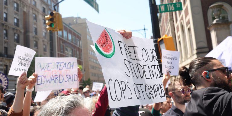 Columbia University professors demonstrate outside the Columbia campus demanding the release of students, in New York City on May 1, 2024. Hundreds of people were arrested at pro-Palestinian protests on US campuses as police on May 1 extended a crackdown that included clearing out demonstrators occupying a building at Columbia University in New York. (Photo by CHARLY TRIBALLEAU / AFP) (Photo by CHARLY TRIBALLEAU/AFP via Getty Images)