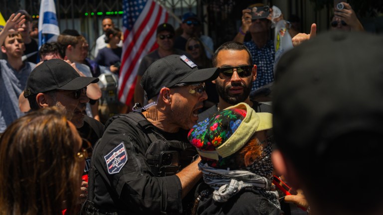 A Magen Am security guard at the protest outside Adas Torah in Los Angeles on June 23, 2024.