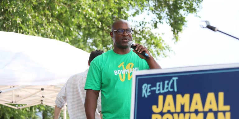 HASTINGS-ON-HUDSON, NEW YORK - JUNE 21: Rep. Jamaal Bowman (D-NY) speaks at a re-election rally at Maceachron Park on June 21, 2024 in Hastings-on-Hudson, New York. Bowman is running against Democratic challenger George Latimer in the New York 16th District Primary on June 25. (Photo by Joy Malone/Getty Images)