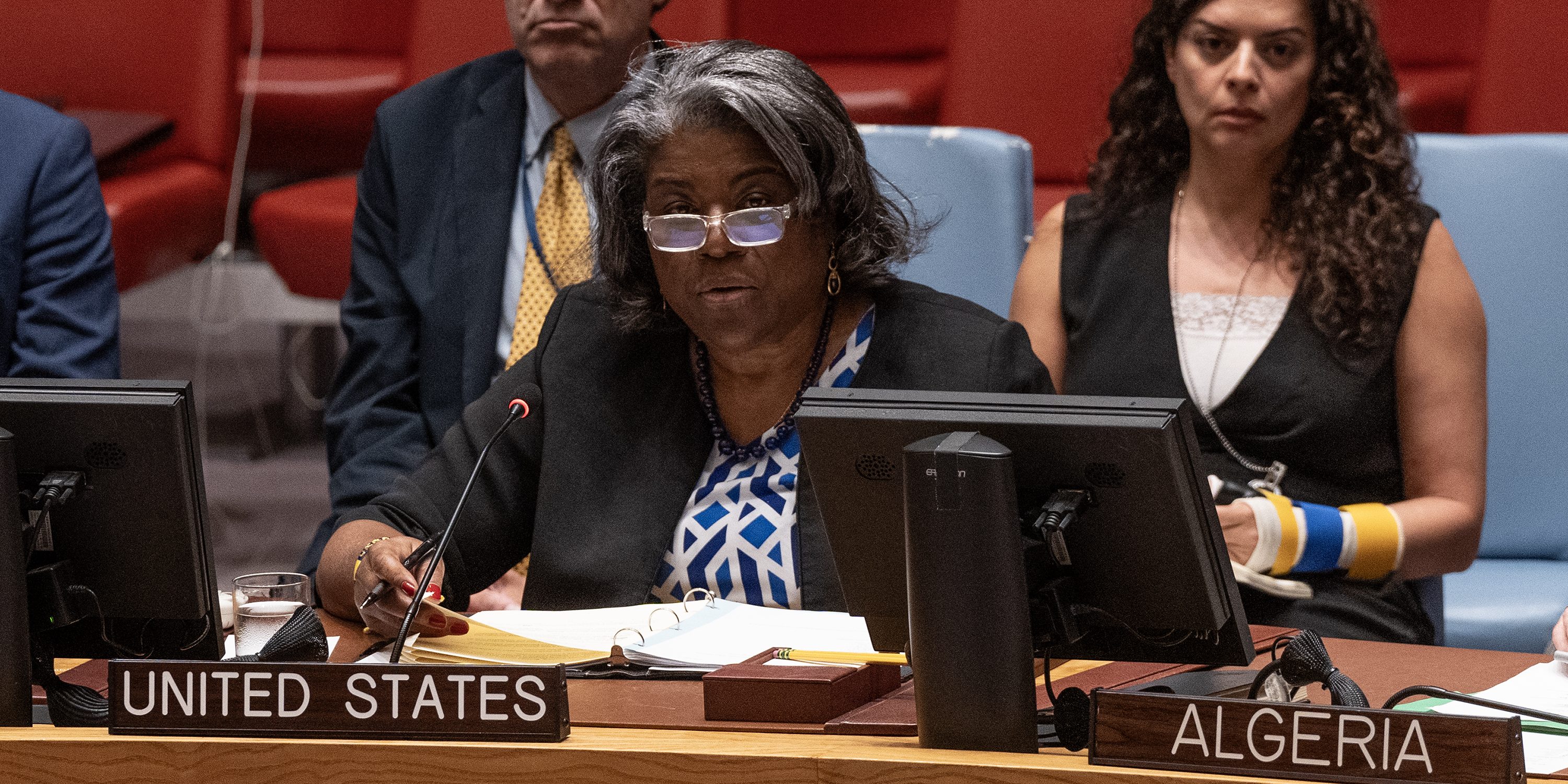 NEW YORK, UNITED STATES - 2024/07/09: Ambassador Linda Thomas-Greenfield of The United States speaks during emergency Security Council meeting at UN Headquarters. Meeting was called after Russia bombed many civilian places in Ukraine on July 8, 2024 including children's hospital in Kyiv. Russia claimed the blast was caused by a misfiring Ukrainian air defense missile, but the UN said it was highly likely Moscow was behind the attack. Video footage and a site assessment indicated the building was directly hit by a Russian missile. (Photo by Lev Radin/Pacific Press/LightRocket via Getty Images)
