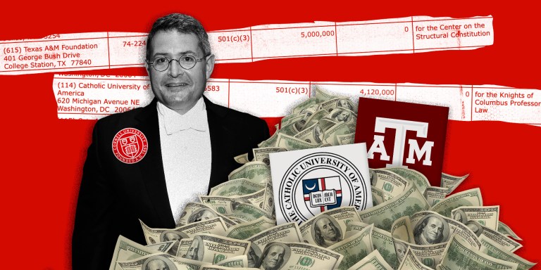 Photo illustration of Leonard Leo with money and college logos